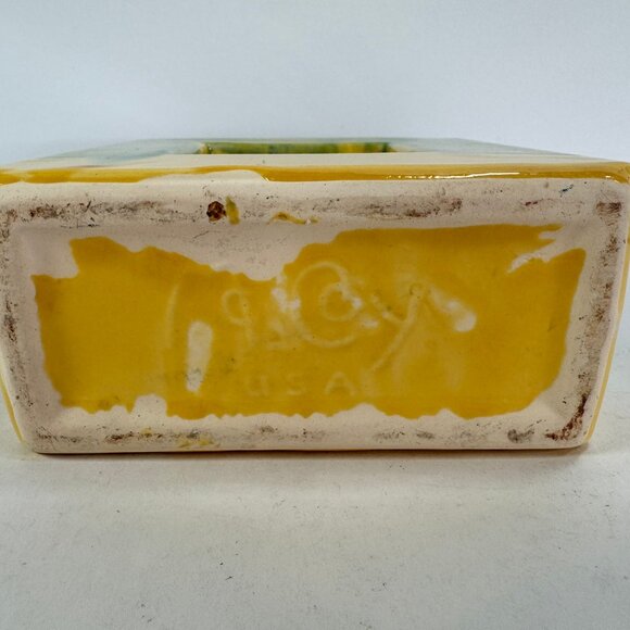 Vintage McCoy green and yellow ceramic square bird vase 6.75" tall - Picture 8 of 10